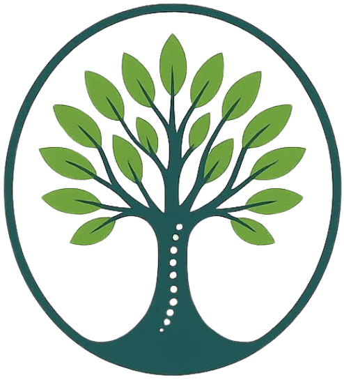 Stylized tree with green leaves and dark teal trunk inside oval frame
